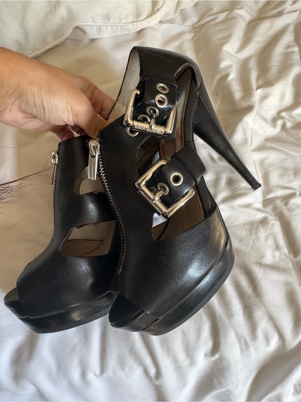 MICHAEL Michael Kors Black Leather Cutout High Heel Sandals with Buckle